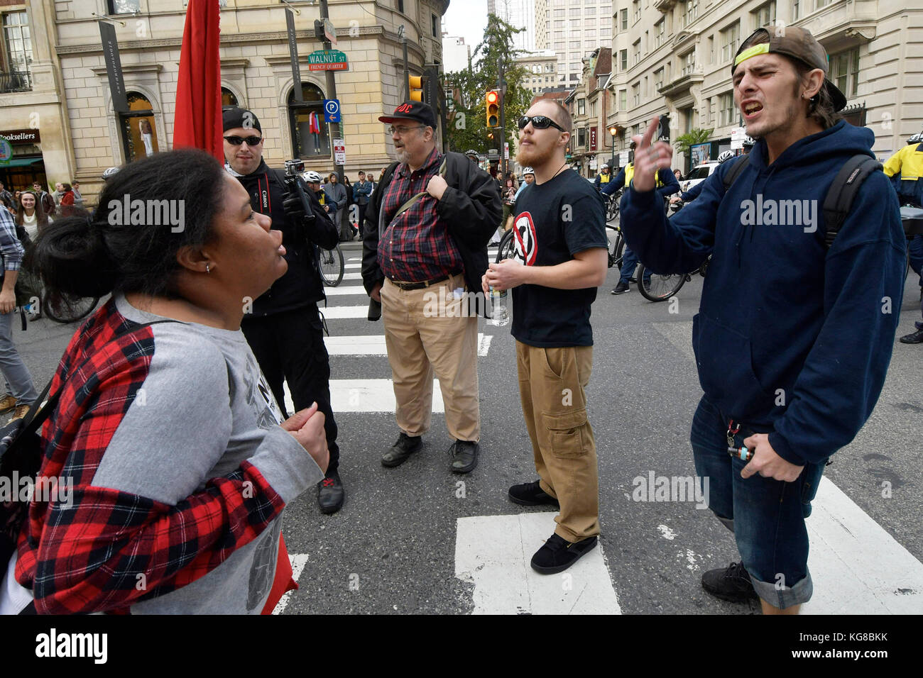 Philadelphia, United States. 04th Nov, 2017. Protestors participating in a Refuse Fascism rally engage in discussion with counter-protestors, including white supremacists, during a Anti-Trump/Pence protest in Center City, on November 4, 2017, in Philadelphia, PA. At least one arrest was made and one received medial attention after an altercation between the two groups. Credit: Bastiaan Slabbers/Alamy Live News Stock Photo