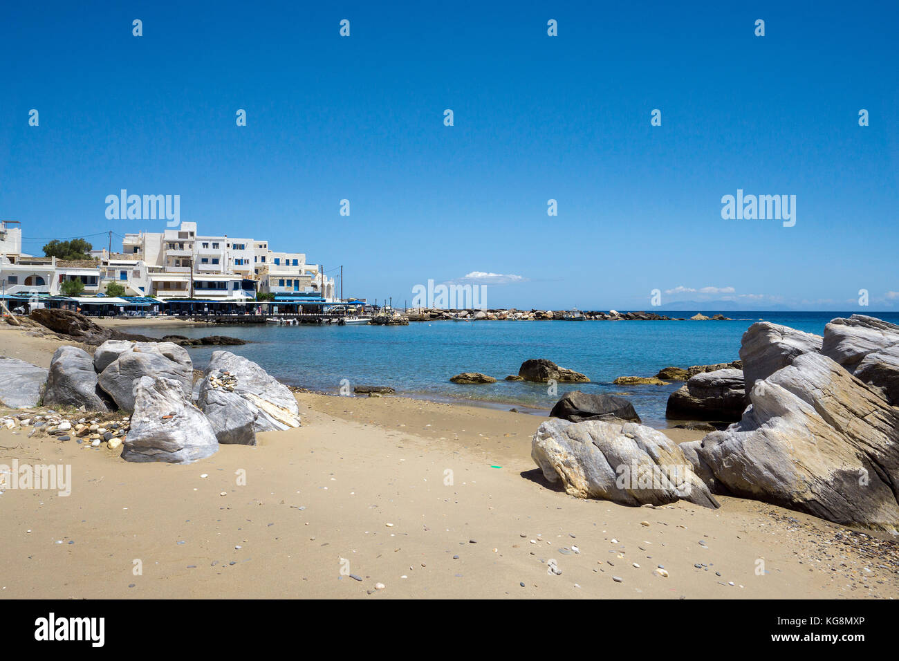 Beach of the small fishing village Apollonas, North side of Naxos island, Cyclades, Aegean, Greece Stock Photo