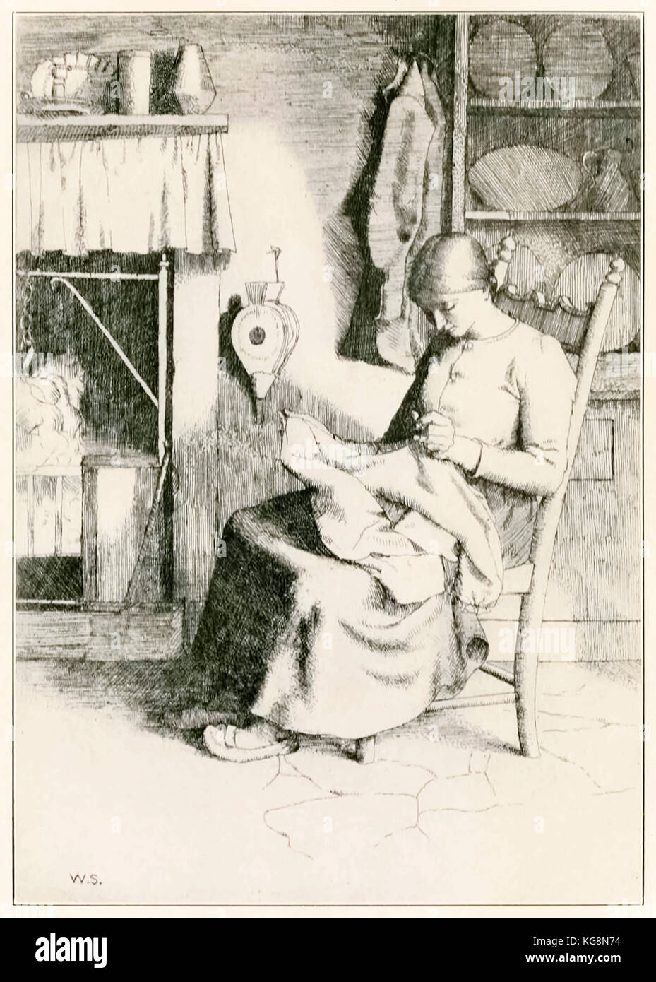 ‘Mercy at Her Work’ from ‘The Pilgrim’s Progress From This World, To That Which Is To Come’ by John Bunyan (1628-1688) illustration by William Strang (1859-1921). Mercy makes and mends things for the poor. See more information below. Stock Photo