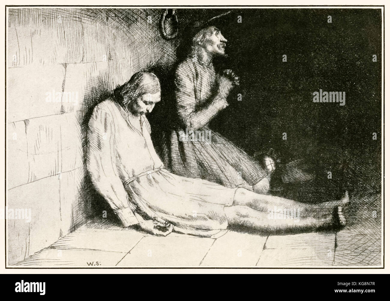 “Christian and Hopeful in the Dungeon” from ‘The Pilgrim’s Progress From This World, To That Which Is To Come’ by John Bunyan (1628-1688) illustration by William Strang (1859-1921). Imprisoned in Doubting Castle by the Giant Despair. See more information below. Stock Photo
