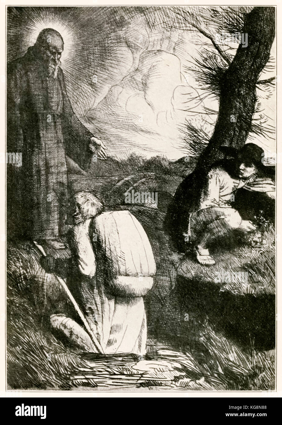 “Christian is troubled” frontispiece from ‘The Pilgrim’s Progress From This World, To That Which Is To Come’ by John Bunyan (1628-1688) illustration by William Strang (1859-1921). Christian struggles under the weight of his sins and his guilt in the Slough of Despond. See more information below. Stock Photo