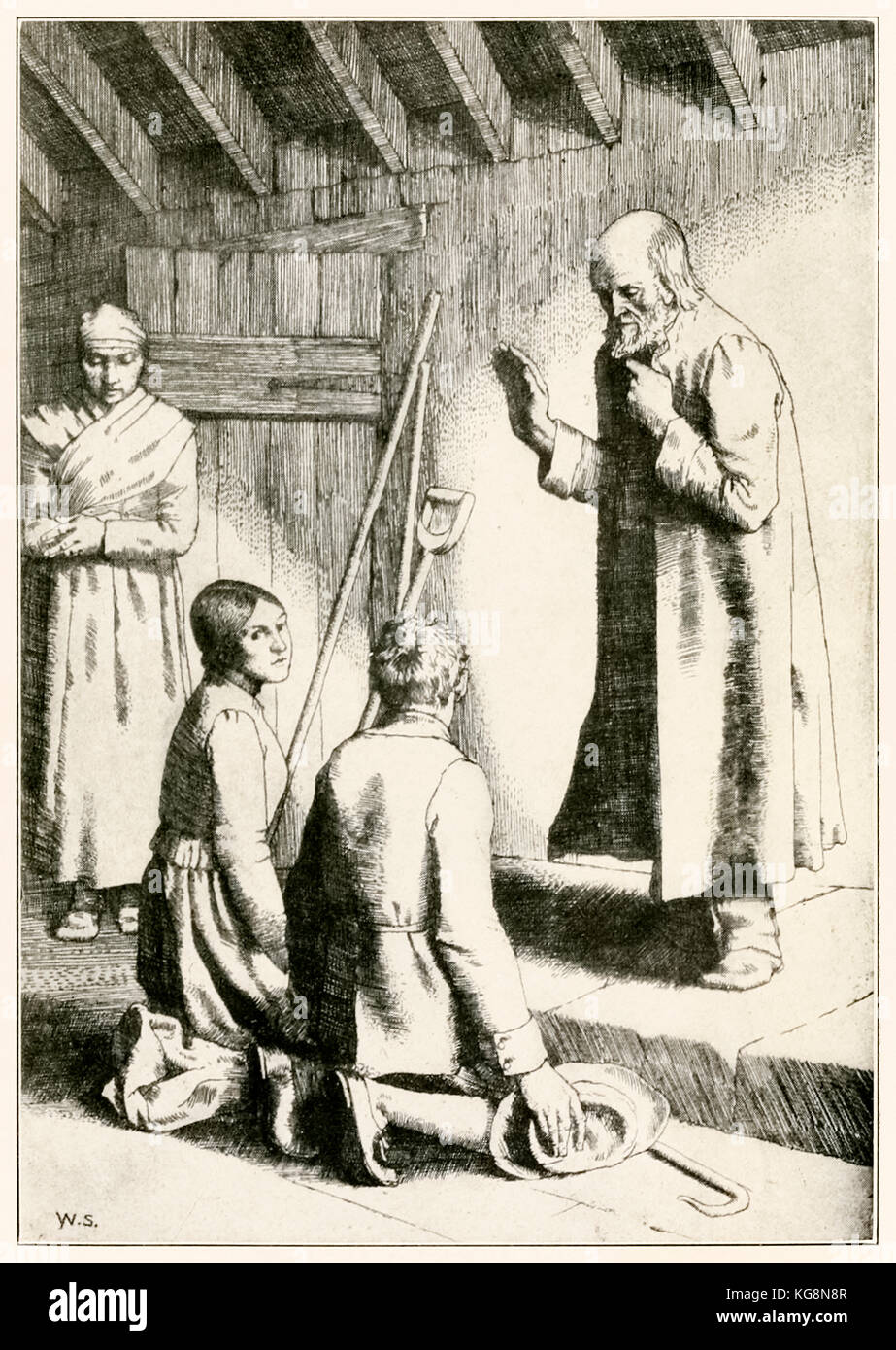 ‘Marriage of Mercy and Matthew’ from ‘The Pilgrim’s Progress From This World, To That Which Is To Come’ by John Bunyan (1628-1688) illustration by William Strang (1859-1921). Mercy makes and mends things for the poor. See more information below. Stock Photo