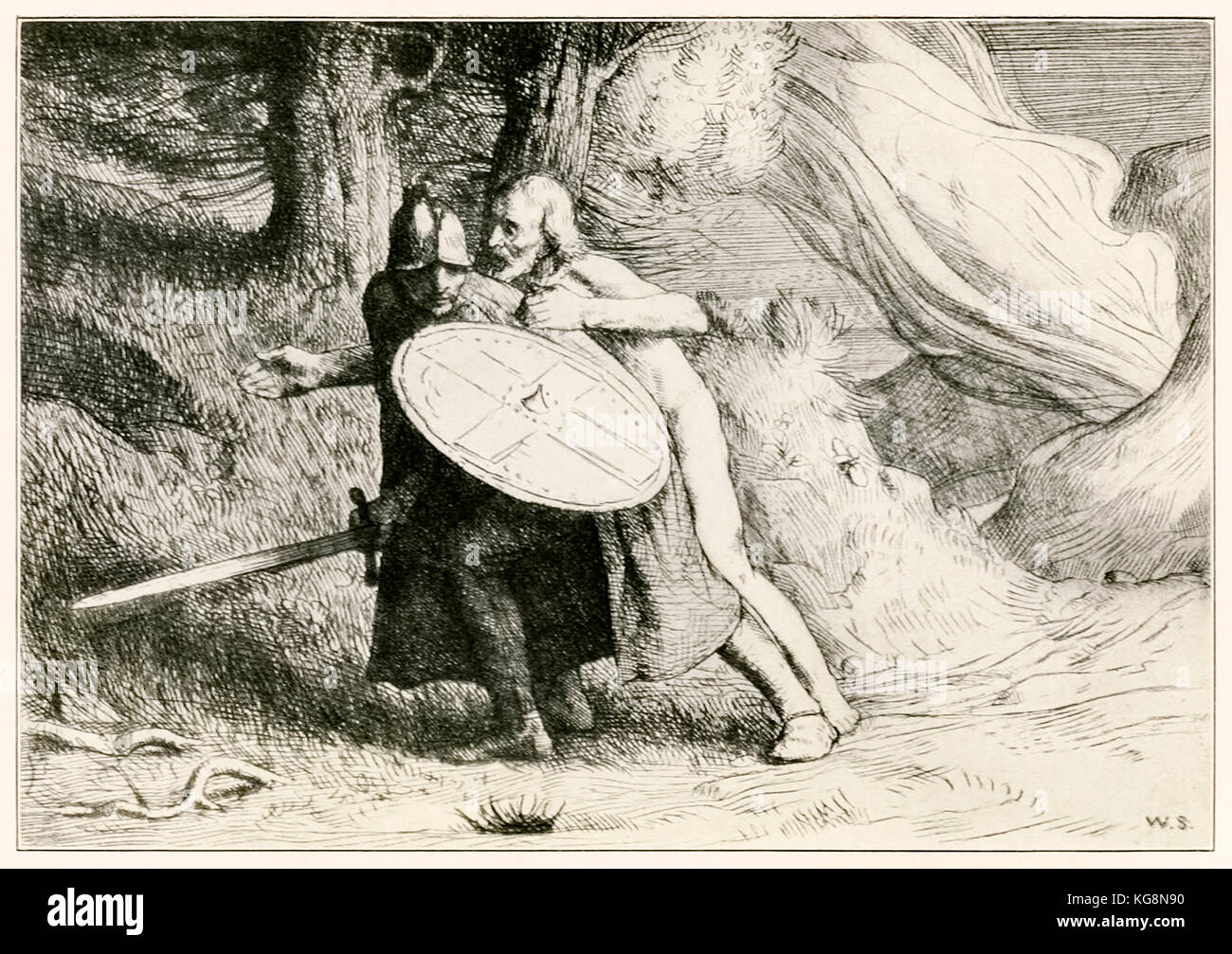 “The Valley of the Shadow of Death” from ‘The Pilgrim’s Progress From This World, To That Which Is To Come’ by John Bunyan (1628-1688) illustration by William Strang (1859-1921). Christian passes the mouth of Hell. See more information below. Stock Photo