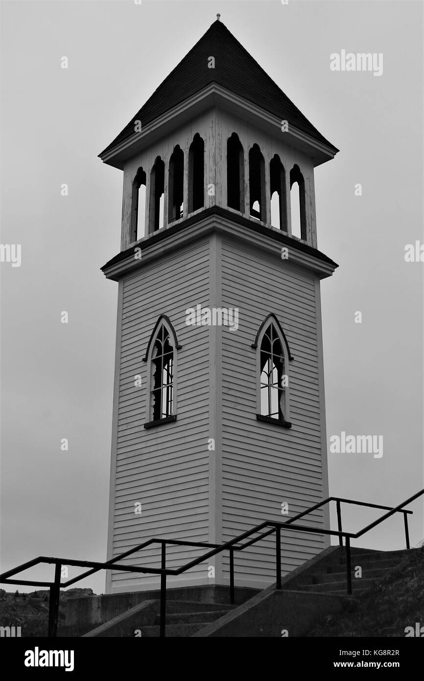 The steeple, St. George's Heritage Church, Brigus, Newfoundland and Labrador, Canada. Stock Photo