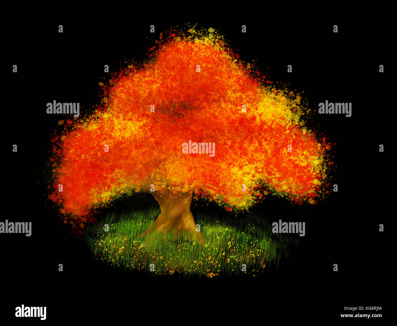 very colourful painting of a tree with red and orange leaves on black background (stylized hand-painted  landscape isolated) Stock Photo