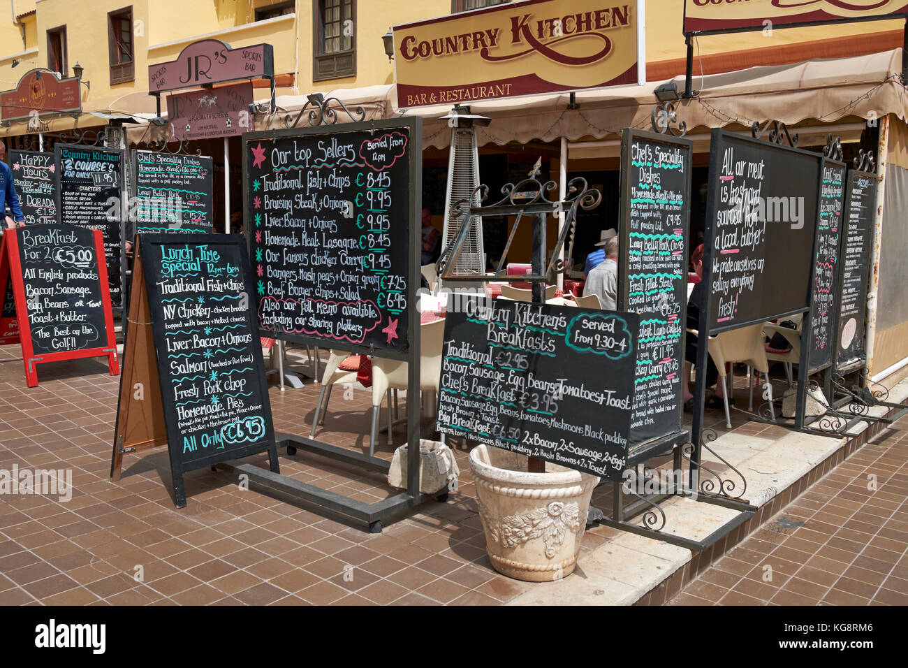 English menus outside restaurants in San Blas, Golf del Sur, Tenerife, Canary Islands, Spain. Stock Photo