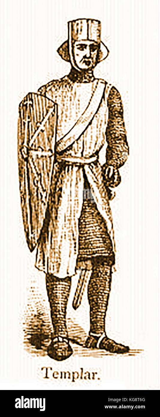 A 1910 engraving showing a knight Templar in full uniform with his helmet, shield and sword Stock Photo