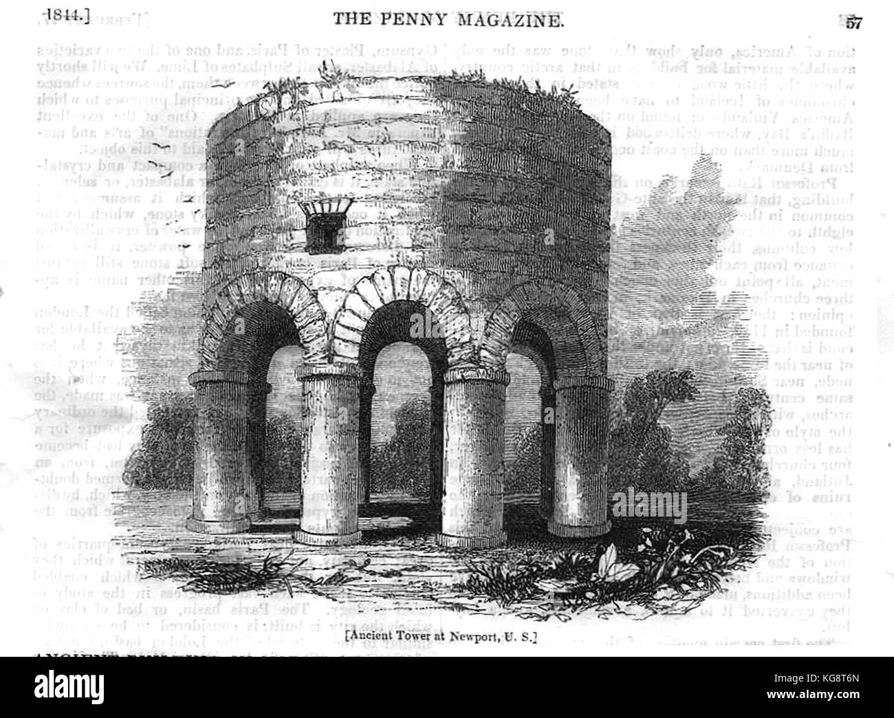 KNIGHTS TEMPLARS - An article from the  'Penny Magazine' 1844 showing an ancient windmill-like base structure at Newport  Rhode Island USA which some believe to have been constructed by Knights Templars Stock Photo