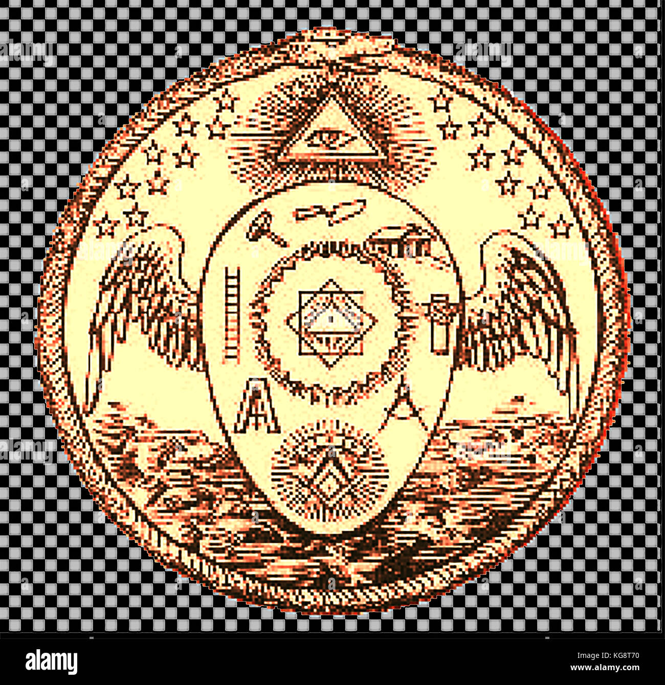 Magic - Mysticism - Golden seal of the Order of  Memphis-Misraism showing masonic symbols, the all seeing eye and the winged Orphic egg surrounded by an Ouroboros Stock Photo
