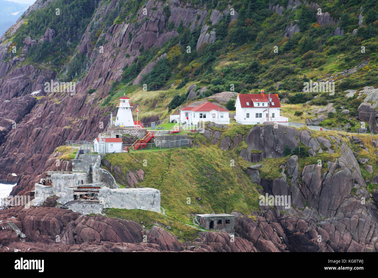 Fort Amherst, lighthouse and old WWII battery, on the south side of St. John's Harbour,  St. John's, Newfoundland and Labrador, Stock Photo