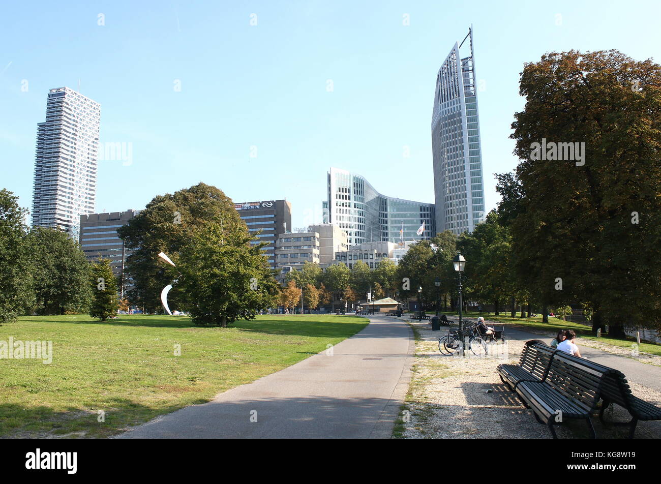 Skyline of The Hague with highrise buildings around the Central Station, including Hoftoren and New babylon tower, Den Haag, The Netherlands Stock Photo