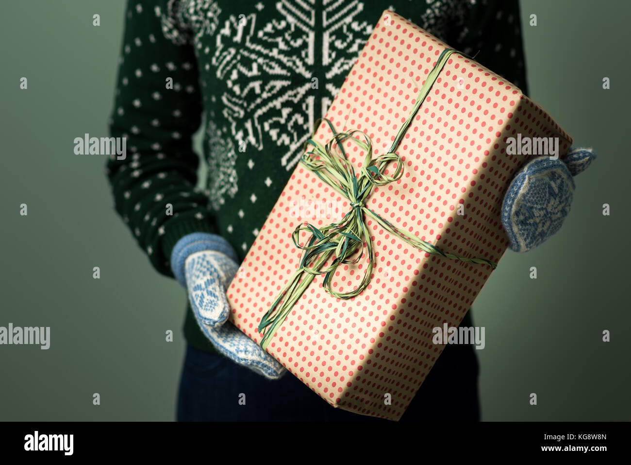 A girl holding a box with a Christmas present Stock Photo - Alamy