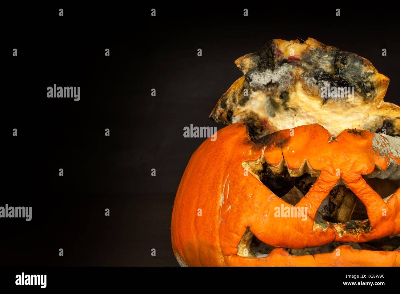 Moldy pumpkin. End of Halloween celebrations. The decaying pumpkin