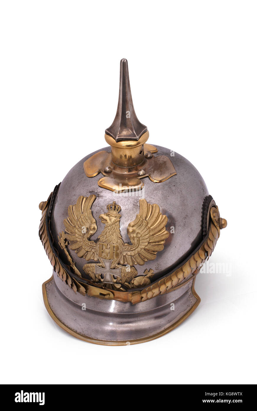 Old German helm of the 19th century, so called Pickelhaube (peaked helm). Stock Photo