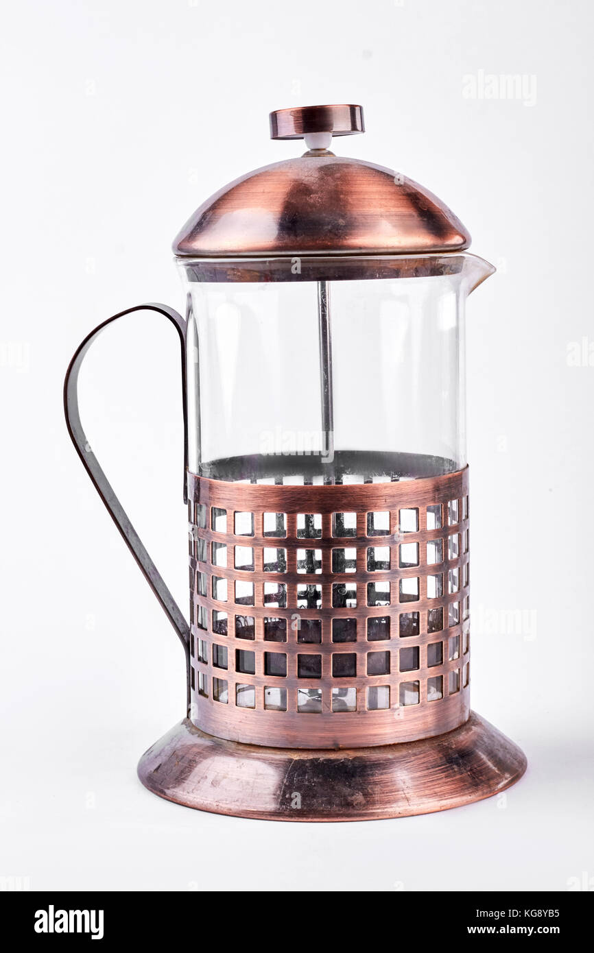 French press tea maker on white background Stock Photo Alamy