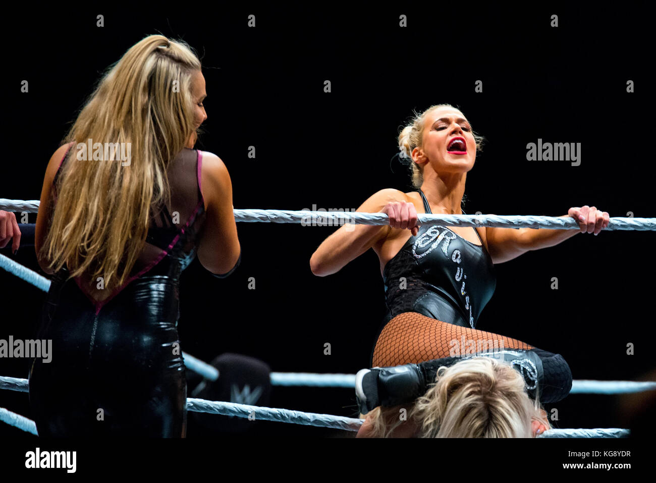 BARCELONA - NOV 4: The wrestler Charlotte Flair in action at WWE Live at the Palau Sant Jordi on November 4, 2017 in Barcelona, Spain. Stock Photo