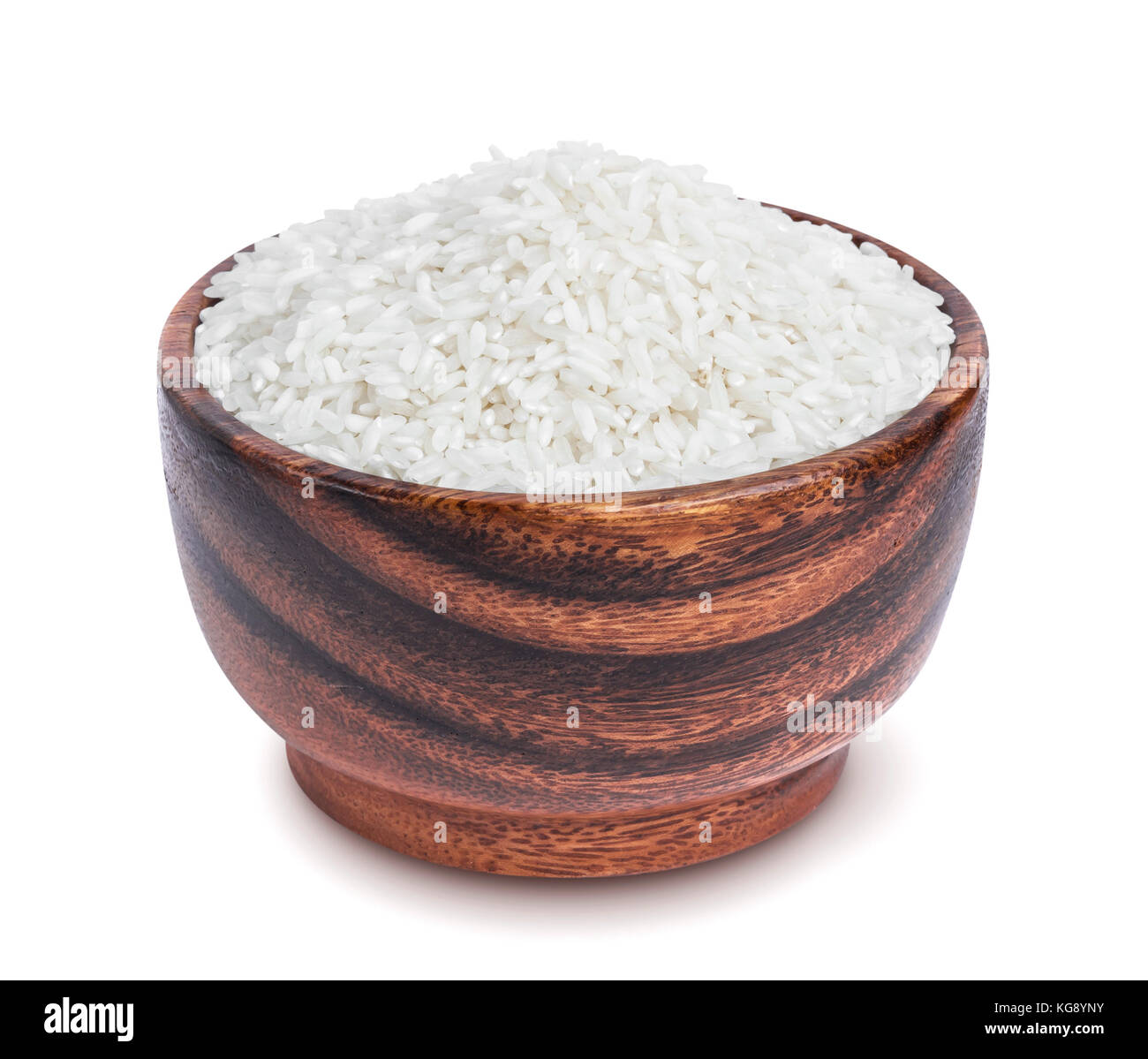 Basmati rice in wooden bowl isolated on white background Stock Photo