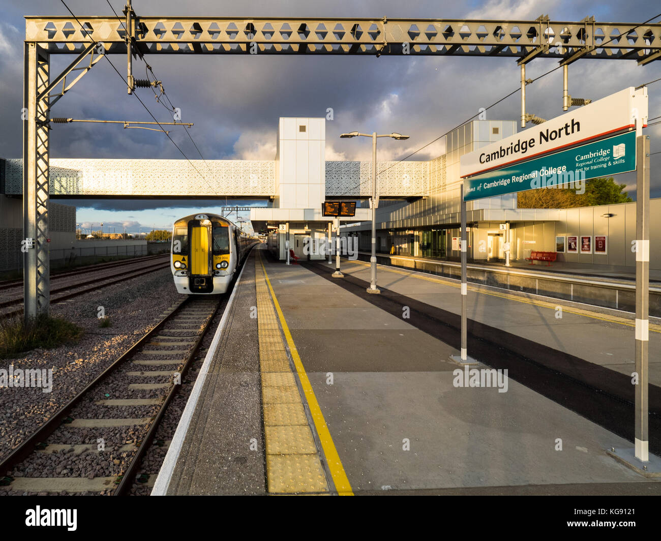 Cambridge North Train Station - a Greater Anglia train waits at the new Camrbdige North Station. Design Atkins Architects Stock Photo