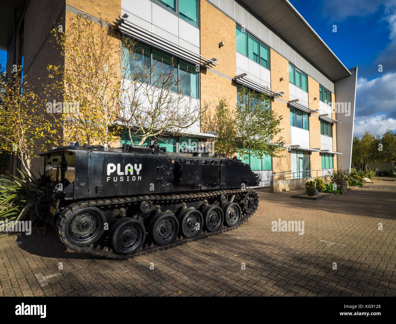 Play Fusion Cambridge - Armoured Vehicle outside the offices of Playfusion Ltd - a developer of mixed media computer entertainment Stock Photo