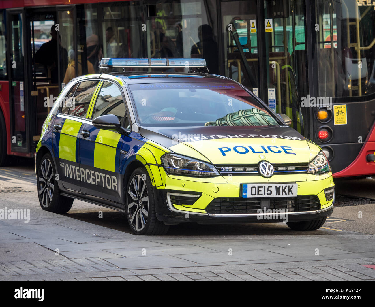Eco Police Interceptor Car - City of London Police using a VW Golf GTE Hybrid Police Car as a fast response interceptor Stock Photo