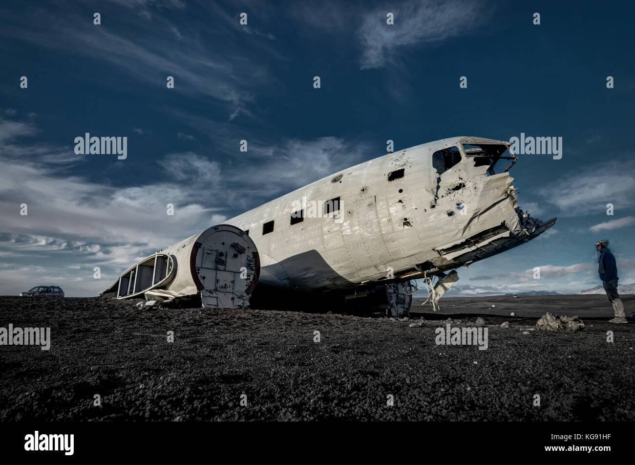 Airplane wreckage Solheimasandur Iceland on black sand beach Stock Photo