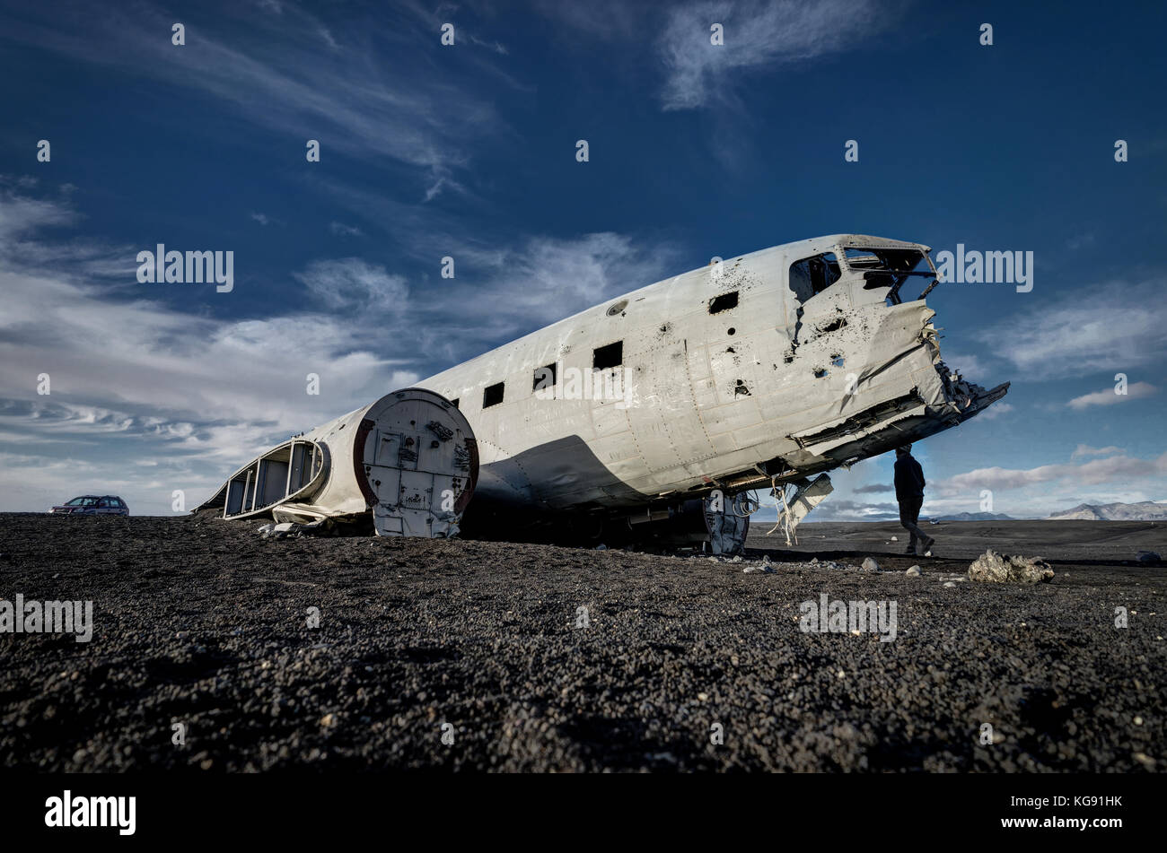 Airplane wreckage Solheimasandur Iceland on black sand beach Stock Photo