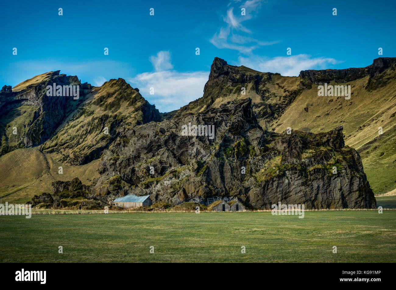 Iceland Landscape with green moss and view towards mountains clo Stock Photo