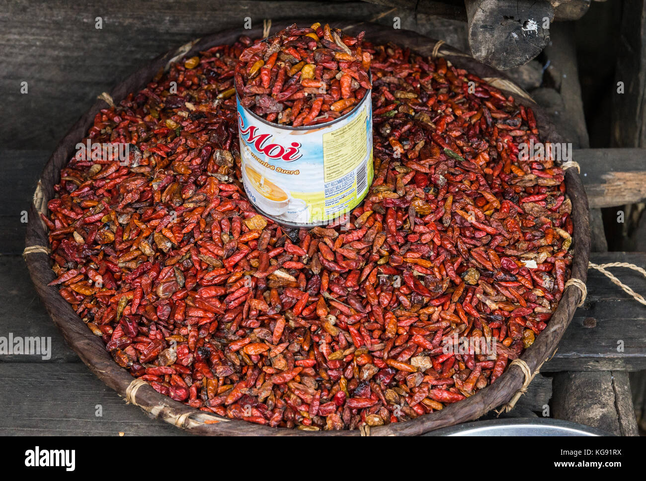 Dried red chili peppers for sale at a local market. Madagascar, Africa. Stock Photo