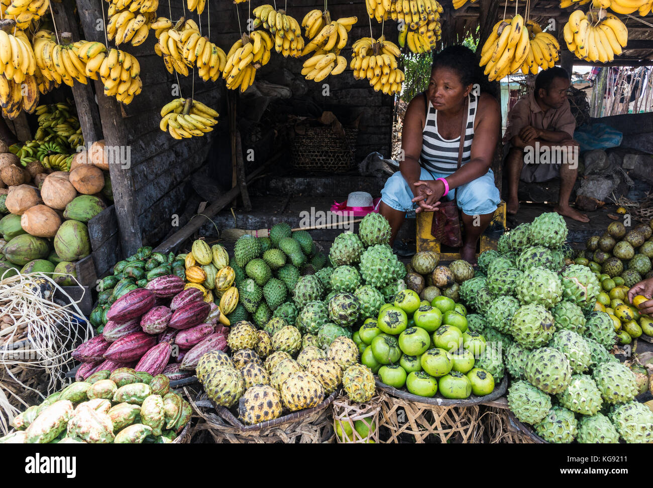 Varieties of fresh fruits in market. Madagascar, Africa. Stock Photo
