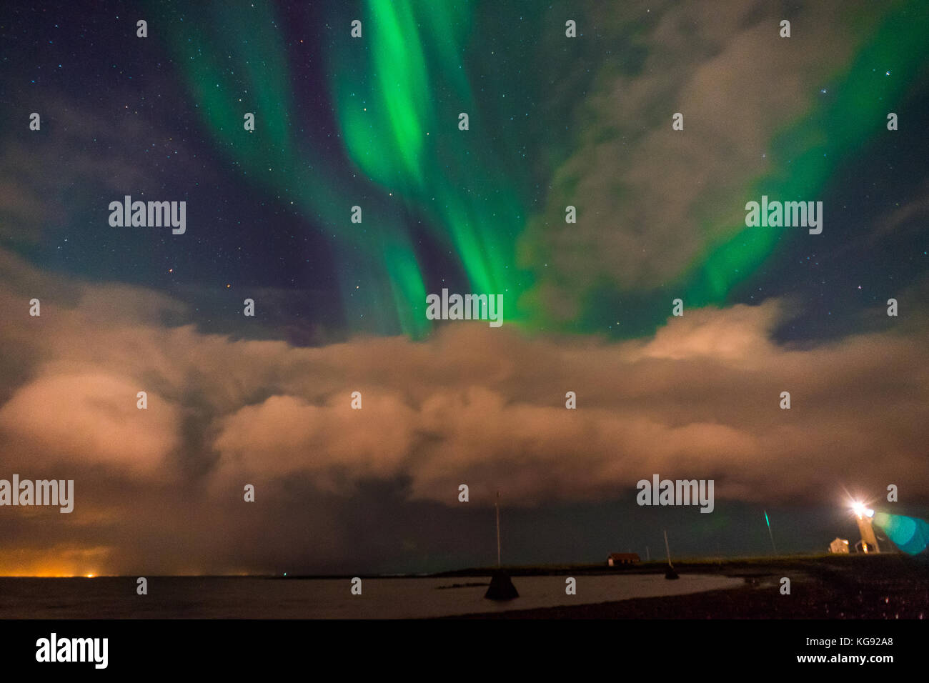 Northern lights Aurora Borealis above landscape in Iceland with Stock ...