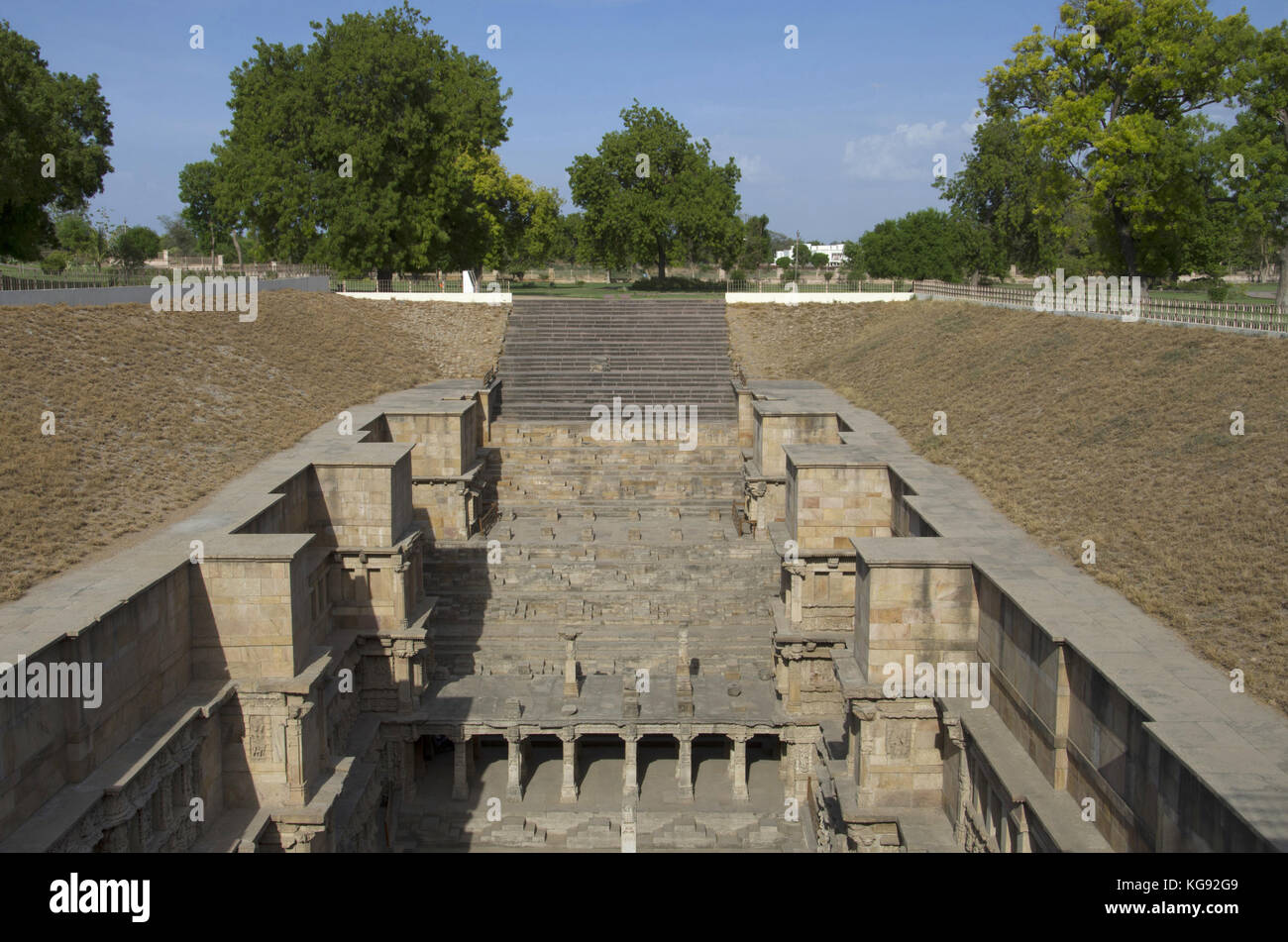 Outer view of Rani ki vav, an intricately constructed stepwell on the banks of Saraswati River. Memorial to an 11th century AD King Bhimdev I. Stock Photo