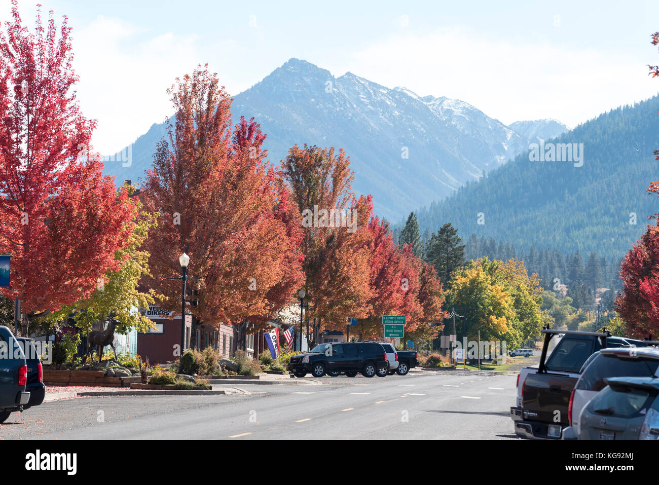Downtown Joseph, Oregon and the Wallowa Mountains in autumn Stock Photo
