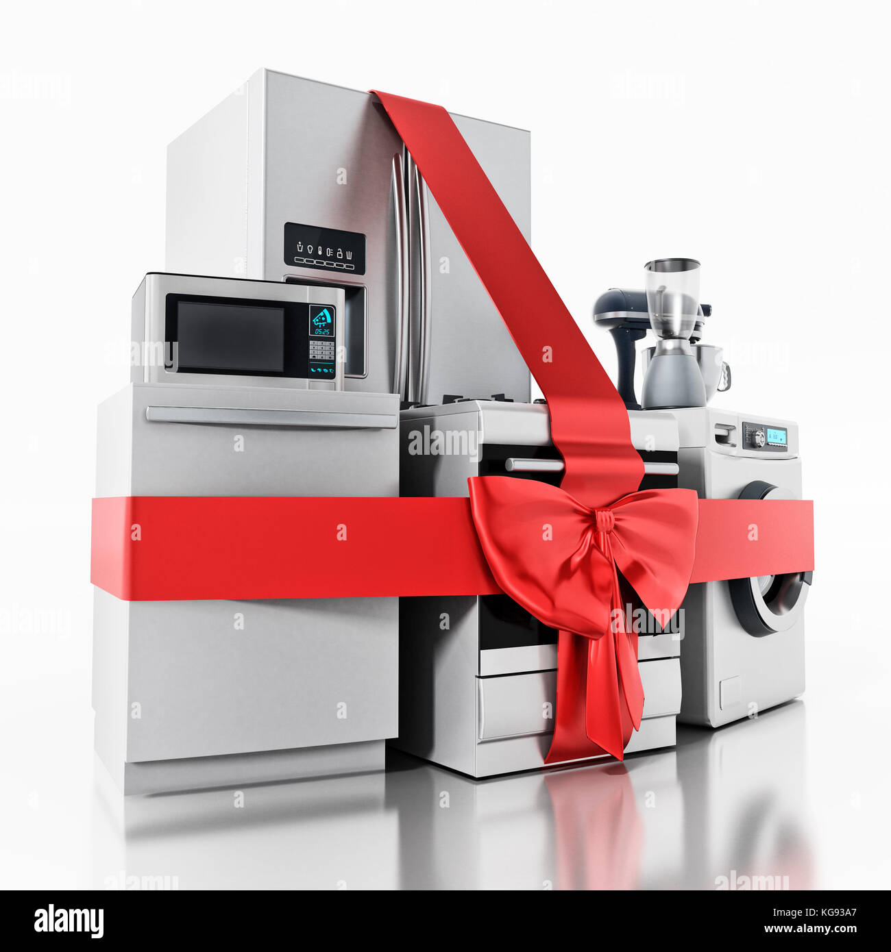 Household equipments wrapped with red ribbon. 3D illustration. Stock Photo