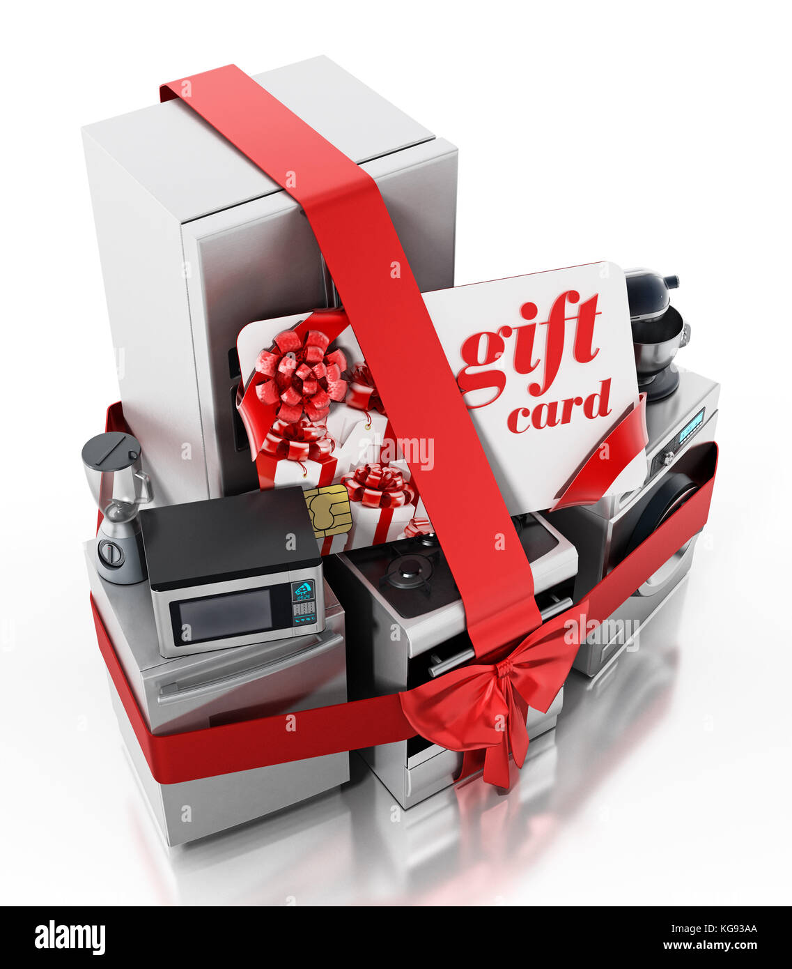 Household equipments and gift card wrapped with red ribbon. 3D illustration. Stock Photo