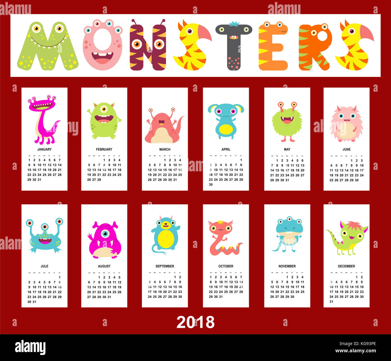 Monthly calendar 2018 with cute cartoon monsters of green, blue Stock ...