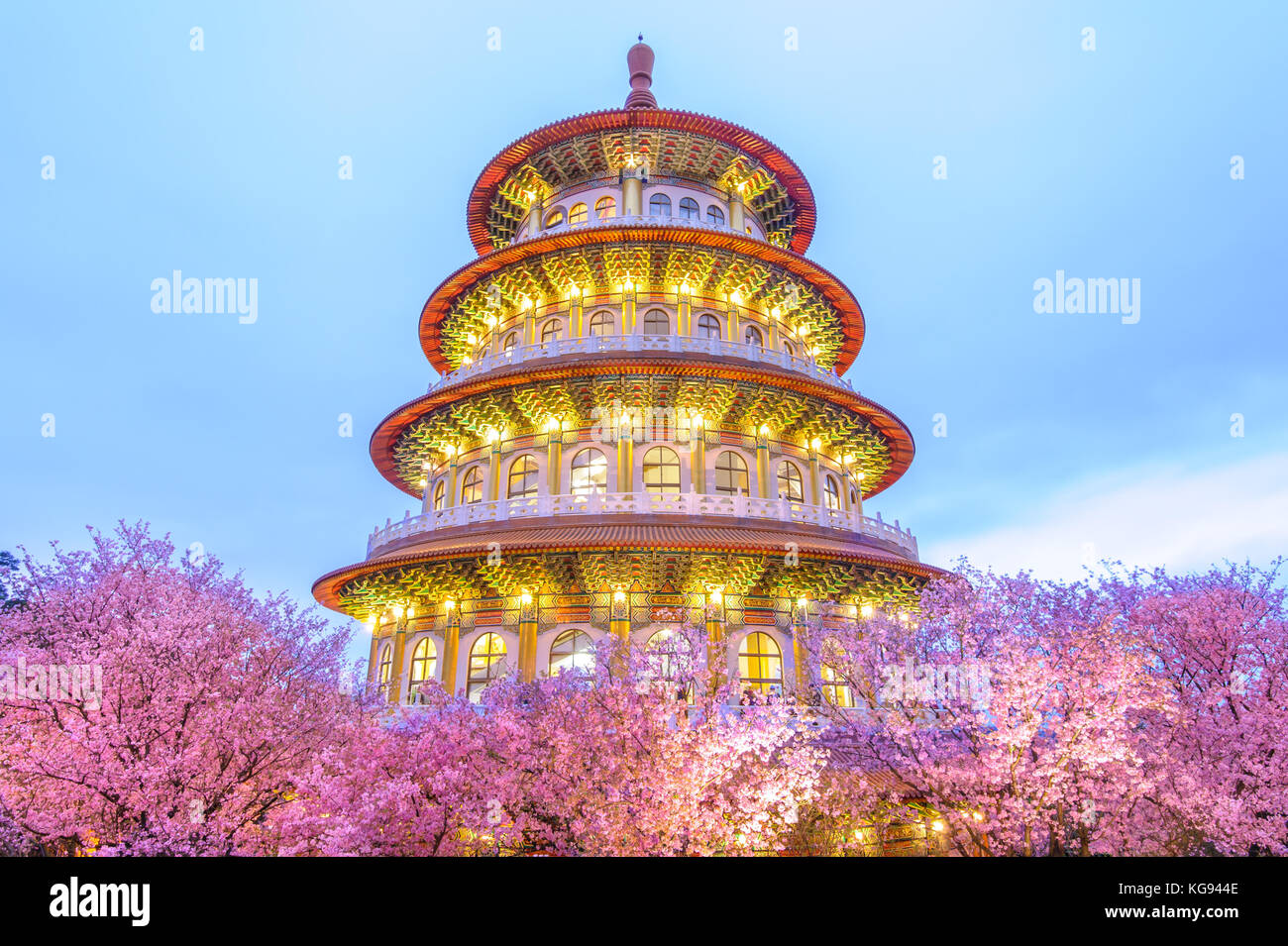 Tien-Yuan temple with cherry blossom in Taipei Stock Photo