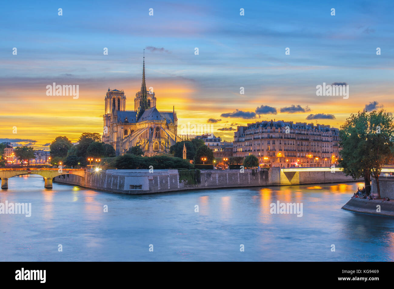 Notre Dame de Paris Cathedral and Seine River Stock Photo