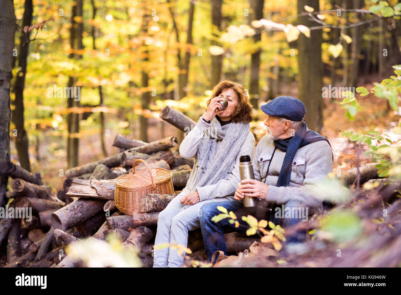 Senior couple on a walk in autumn forest Stock Photo - Alamy