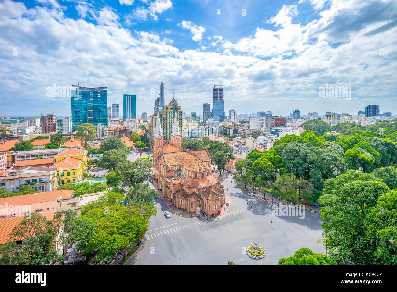 Aerial view of Notre-Dame Cathedral Basilica of Saigon Stock Photo