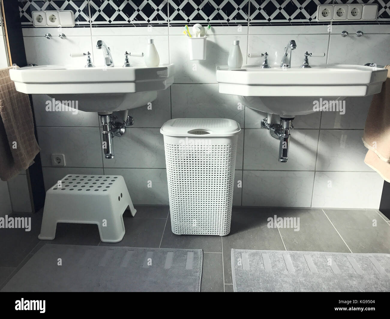 Black and white modern bathroom interior with two sinks Stock Photo Alamy
