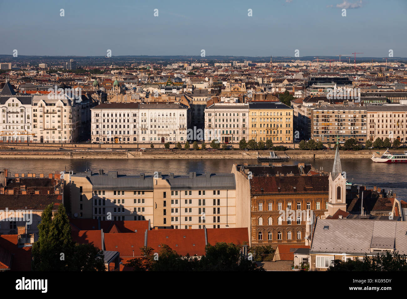 Budapest, capital city of Hungary, apartment buildings, tenement houses along Danube River, view