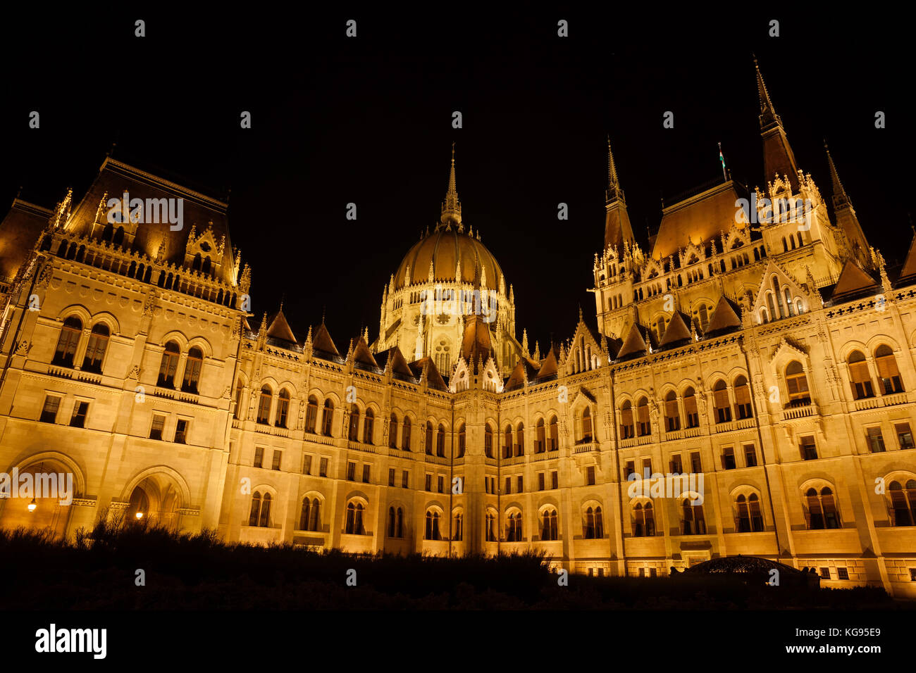 Hungary, Budapest, Hungarian Parliament Building (House of Parliament) illuminated at night, Gothic Revival style city landmark Stock Photo