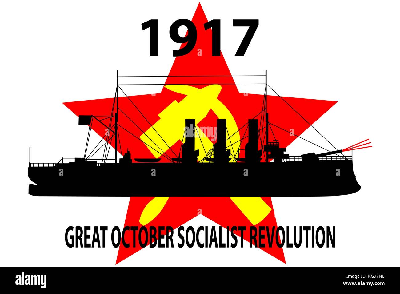 Russian Revolution, Shot of the insurgent cruiser Aurora - Russian revolution began, Great October Socialist Revolution, (October 25, in the Julian ca Stock Vector