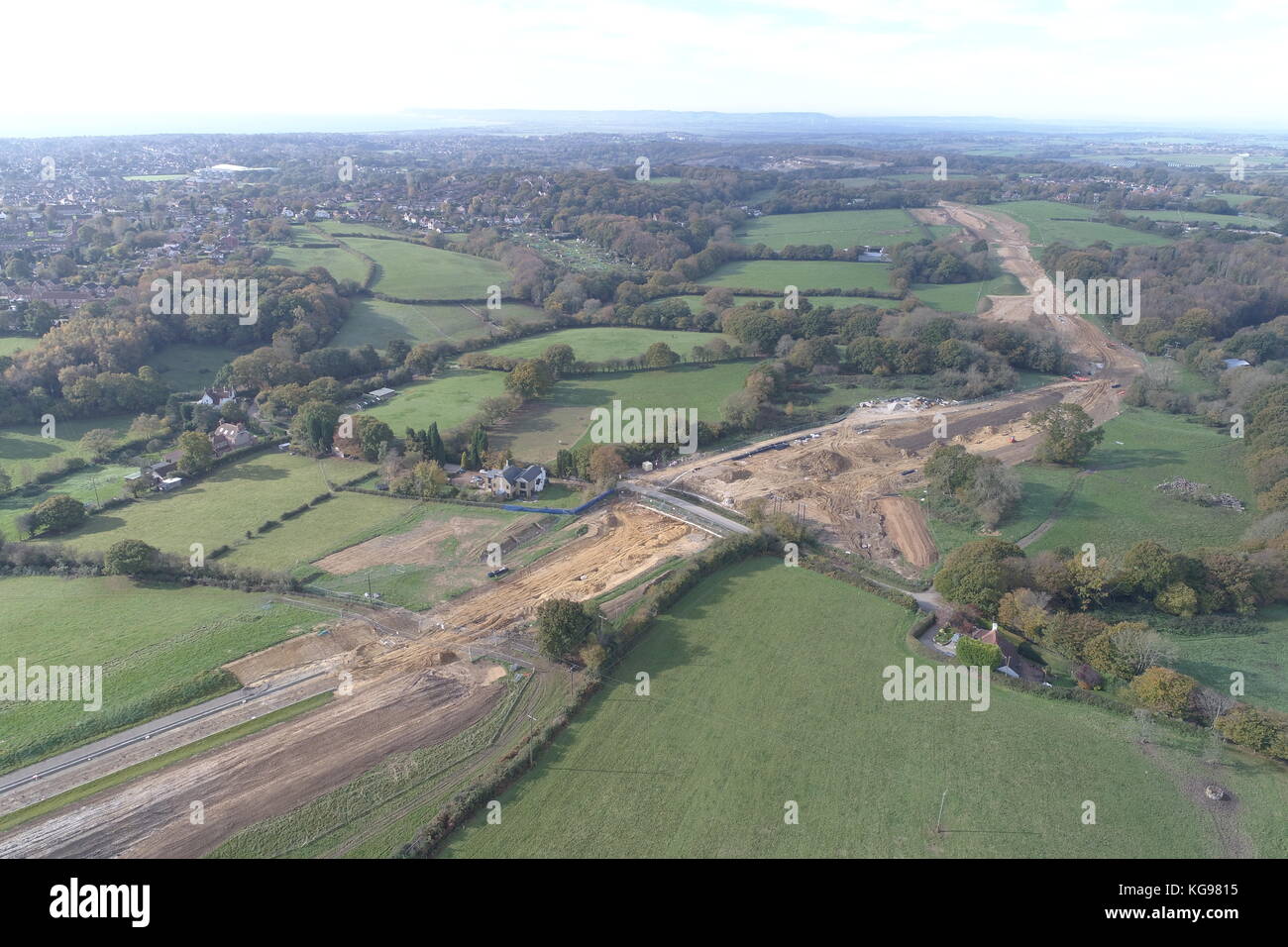 aerial view of road building and civil engineering project in East Sussex Stock Photo