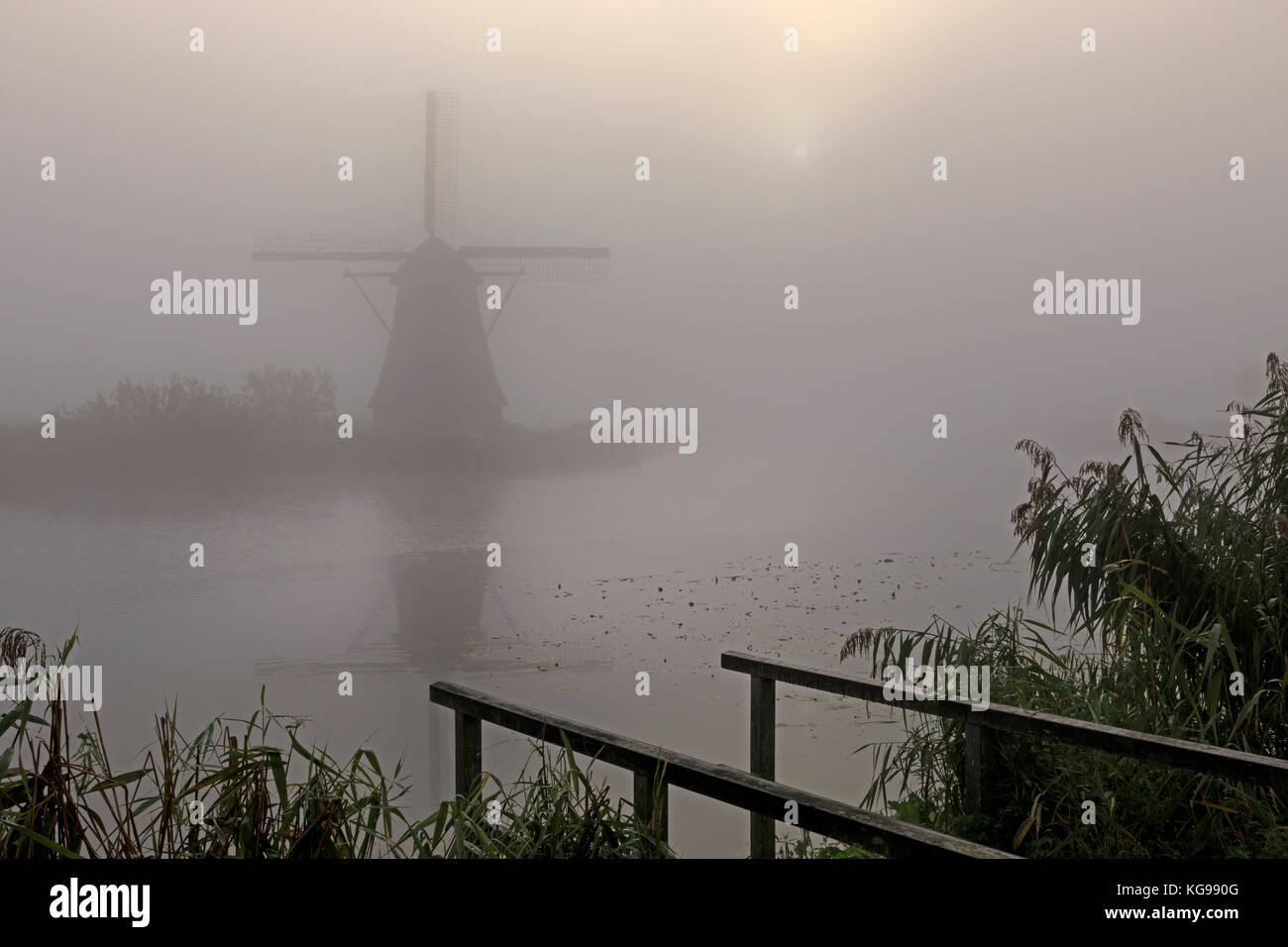 Historic windmill with fog, UNESCO World Heritage, South Netherland, Netherland, Europe Stock Photo