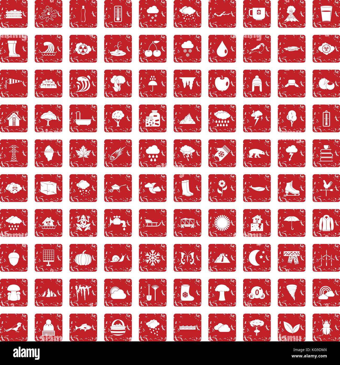 100 clouds icons set grunge red Stock Vector