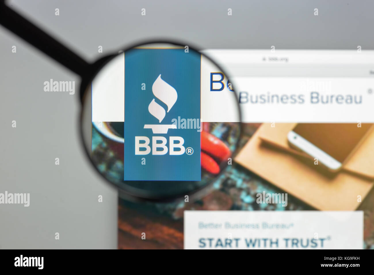 Milan, Italy - August 10, 2017: BBB website homepage. It is a nonprofit organization focused on advancing marketplace trust. Bbb logo visible. Stock Photo