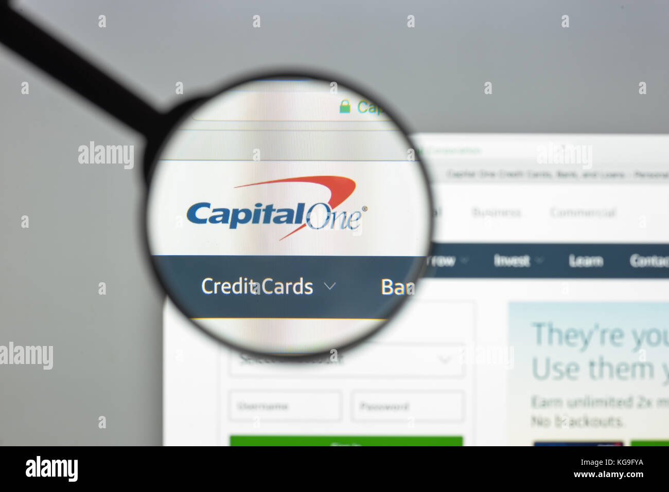 Milan, Italy - August 10, 2017: Capitalone bank website. Capital One Financial Corporation is a bank holding company specializing in credit cards, hom Stock Photo