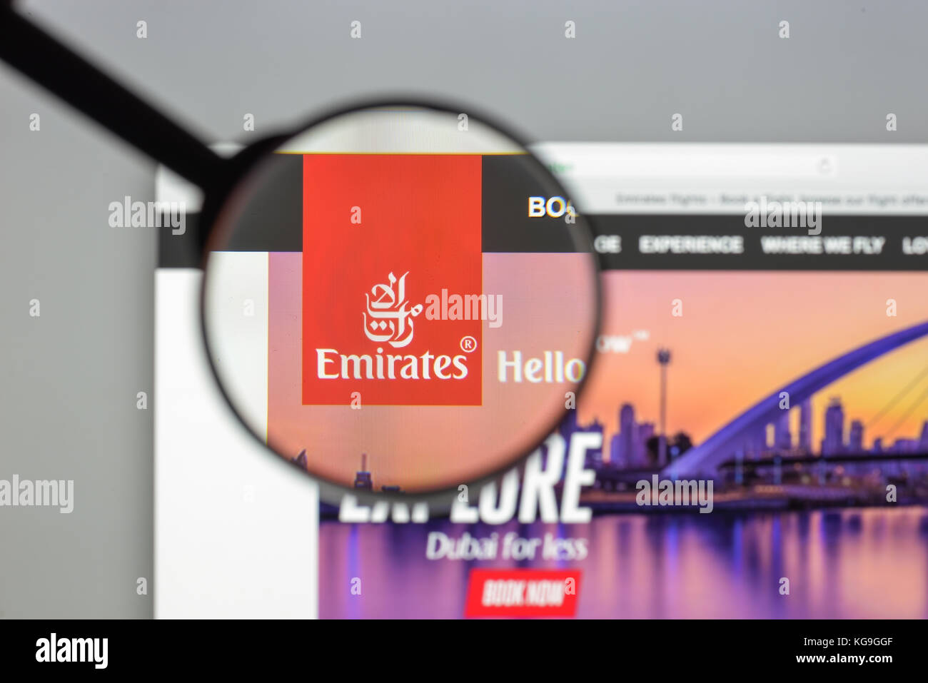 Milan, Italy - August 10, 2017: Emirates flights website homepage. It is an airline based in Dubai, United Arab Emirates. Emirates air lines logo visi Stock Photo