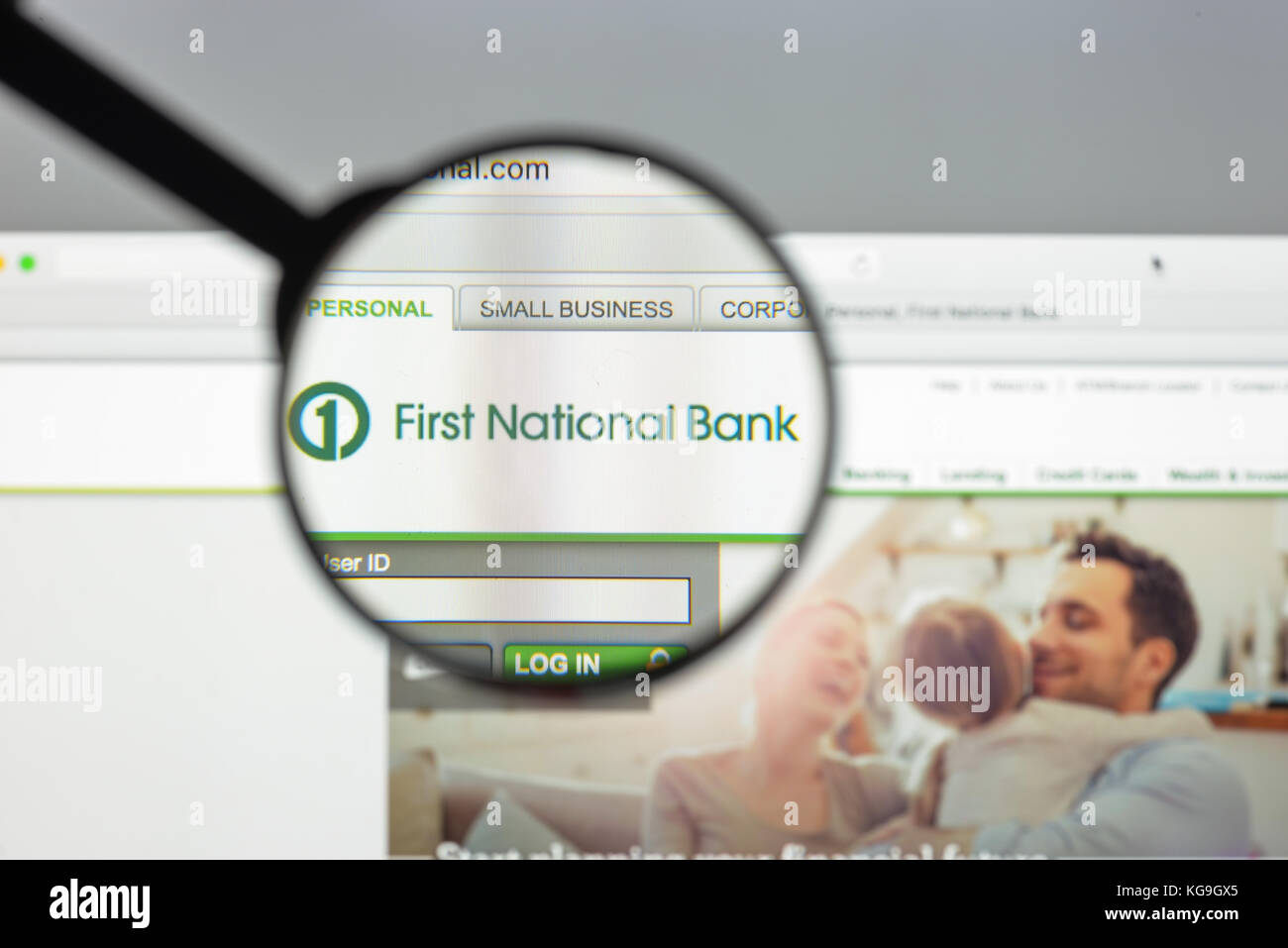 Milan, Italy - August 10, 2017: First National Bank website. It is a subsidiary of First National of Nebraska. It is recognized as the largest private Stock Photo